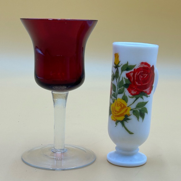 Avon milk glass with red and yellow rose vase and A red pedestal candle holder - Picture 1 of 4